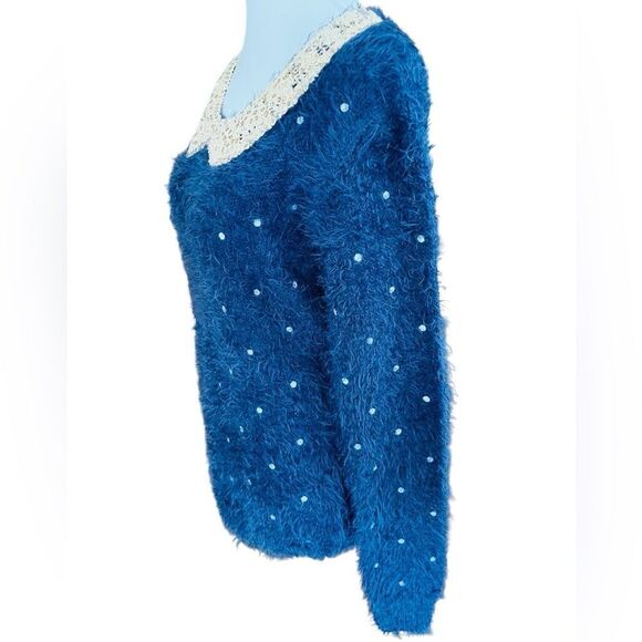 Mizumi navy blue polka dot eyelash knit sweater with crochet sequin collar sz M - Picture 4 of 8